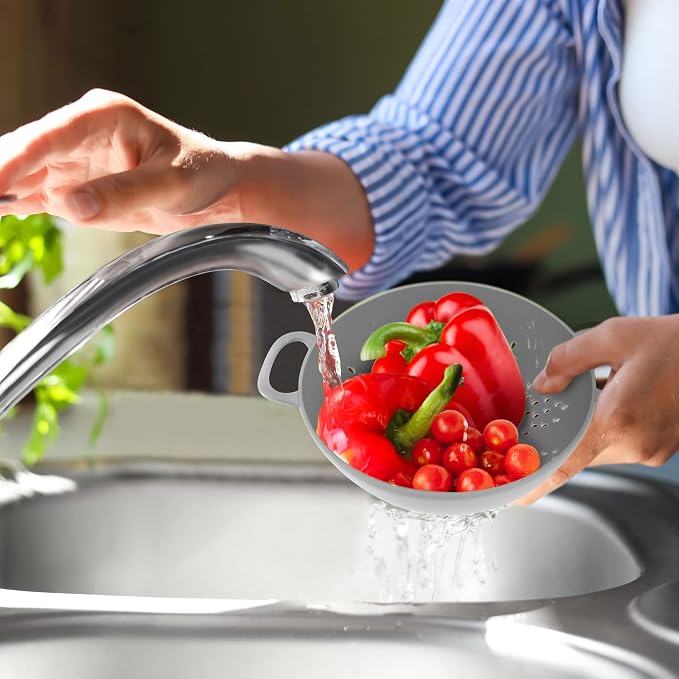 Meadow Lane 6-Inch Small Colander, 3-Cup Food Strainer, Silver Gray | BPA-free, dishwasher-safe mini colander has a wide, shallow bowl, 1/8-inch holes, two handles, ring foot and smooth edges.