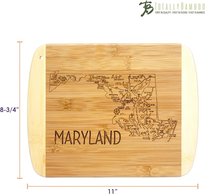 Totally Bamboo A Slice of Life Maryland Engraved Map Cutting Board | 11” x 8.75” charcuterie board with engraved state map artwork. Smooth reverse side for food prep. Hang tie for wall display.