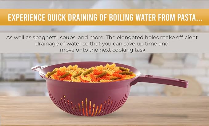 YBM Home 9.75 Inch Deep Plastic Strainer Colander with Long Handle – Made of Food Safe BPA-Free Plastic - Use for Pasta, Noodles, Spaghetti, Vegetables and More (1, Red)