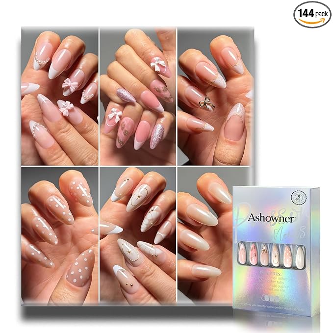 Press on Nails, 6 Packs (144 Pcs) Short Almond Sets, Cute 3D Bow French | 6-Style 12 Sizes, Glossy, Salon Quality, Reusable Full Cover, White Polka Dot Star Chrome Fake Nails