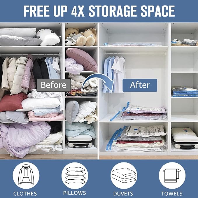 BoxLegend Vacuum Storage Bags with Large Hand Pump 24 Combo (1X-Jumbo, 4 Jumbo, 7 Large, 6 Medium, 6 Small) Thickened Vacuum Seal Bags for Clothing Blanket Pillow Comforters Bedding Quilt Coat