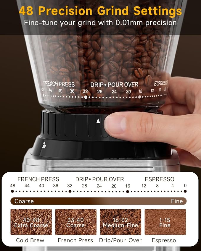 IAGREEA Coffee Grinder for Home Use, Conical Burr Espresso Grinder 48 Grind | 450RPM Low-Speed Anti-Static, Precision Timer For Drip, French Press, Cold Brew, No Mess, Metallic Silver