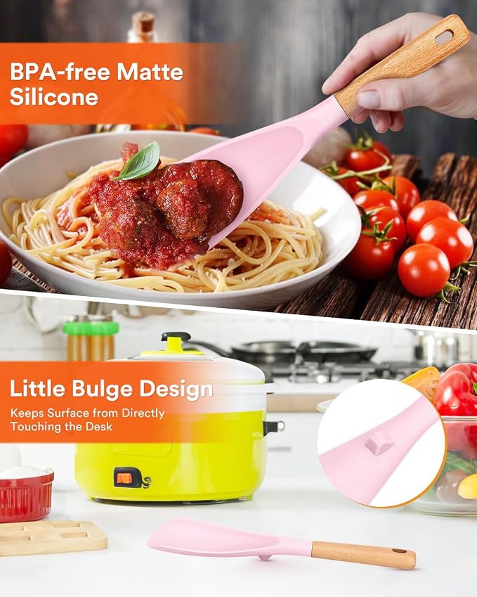 Cooking Spoon and Rice Scooper for Nonstick Cookware,Multi-function | Great for Cooking and Serving, Sturdy BPA-Free Matte Silicone, Wood Handle Spoon for Mixing, Scoop, and Scrape,9.3"+14.3"