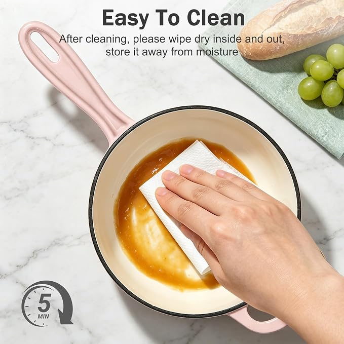 Enameled Cast Iron Sauce Pan with Lid, 1 Quart Saucepan with Lid | Dutch Oven with Lid, Small Cast Iron Pot for Cooking Pasta, Soup, Milk, Induction & Oven Safe Up to 500°F, Pink