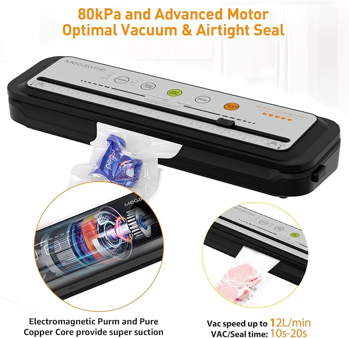 Updated Vacuum Sealer Machine 2025, MEGAWISE Food Sealer w/Starter Kit, Dry & Moist Food Modes, Compact Design with 10 Vacuum Bags & Built-in Cutter (Grey)