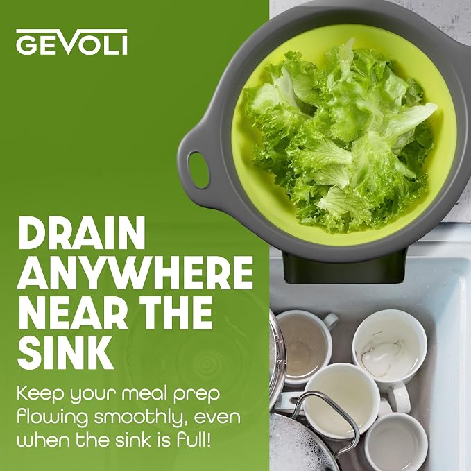 Large Collapsible Colander with Self Draining Base - 5Qt Side Drain Food Strainer for Edge of Kitchen Sink (Patent Pending) Green (2 Piece Set)