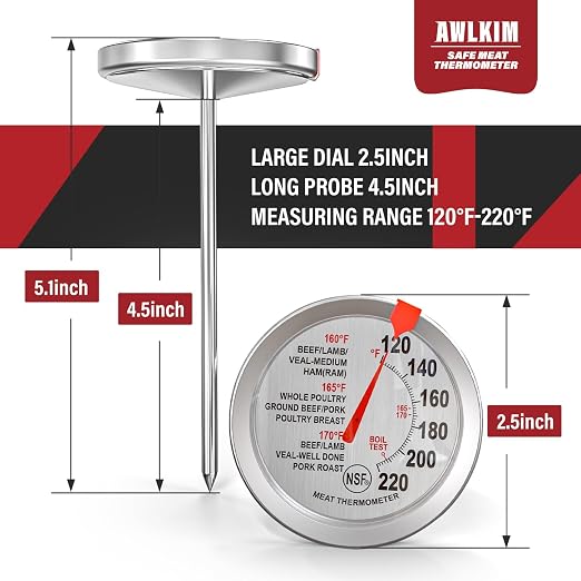 AWLKIM 2 Pack Analog Meat Thermometer Oven Safe Dial No Battery | Bimetallic Stem Dial, Leave-In Oven Safe, 2.5in Large Face, No Batteries for Roast Turkey Grill BBQ Cooking