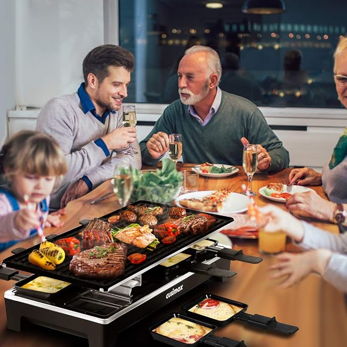 Raclette Table Grill, CUSIMAX Electric Indoor Grill Korean BBQ Grill, Black | 1500W/2 in 1 Reversible Non-stick Plate/Crepe Maker with Adjustable Temperature Control/8 Raclette Pans & Wooden Spatulas