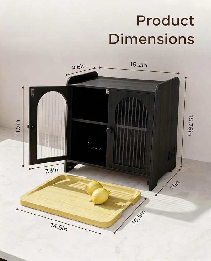 Bread Box for Kitchen Countertop, Large Double Layer Wooden Bread Storage Container with Acrylic Window, Adjustable Air Vents & Built-In Cutting Board, Pantry Organizer, Black