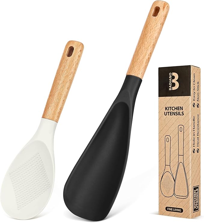 Cooking Spoon and Rice Scooper for Nonstick Cookware,Multi-function | Great for Cooking and Serving, Sturdy BPA-Free Matte Silicone, Wood Handle Spoon for Mixing, Scoop, and Scrape,9.3"+14.3"