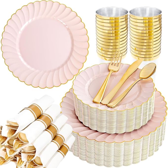 YOUBET 350PCS Pink Scalloped Plastic Plates for Wedding Party | Pink and Gold Disposable Dinnerware Set Include 100 Plates, 150 Gold Silverware, 50 Cups, 50 Napkins