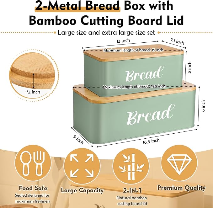 Teenyyou 2 Pcs Extra Large Bread Box with Slicer, Metal Bread Storage Container with Bamboo Cutting Board Lids, 2 Sizes Farmhouse Breadbox Set for Kitchen Countertop(Sage Green)