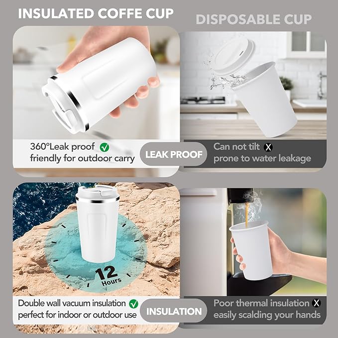 Volhoply 12 oz Double Wall Insulated Vacuum Travel Coffee Mugs with Flip Lid Bulk 2 Pack,Reusable Stainless Steel Leak Proof Coffee Cup,Portable Cafe Thermal Tumbler for Hot & Cold Drinks(White,2 Set)