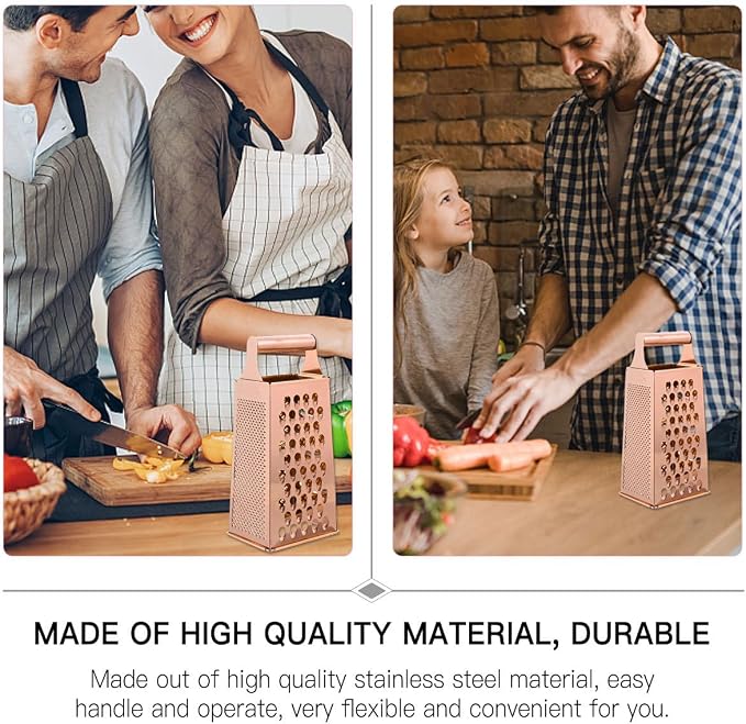 DOITOOL Professional Cheese Grater, Box Grater for Cheese Stainless Steel Vegetable Slicer 4 Sided Food Shredder Food Slicer for Vegetables, Ginger, Potatoes, Rose Golden