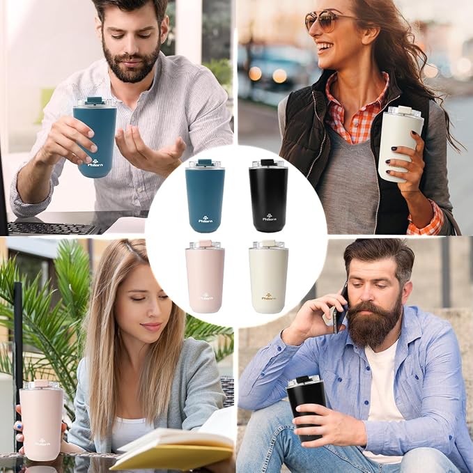 PHILORN Travel Mug Spill Proof - 12 OZ Insulated Coffee Cup With Lid | Black Stainless Steel Coffee Mug with Double Wall, For Hot and Cold Drinks