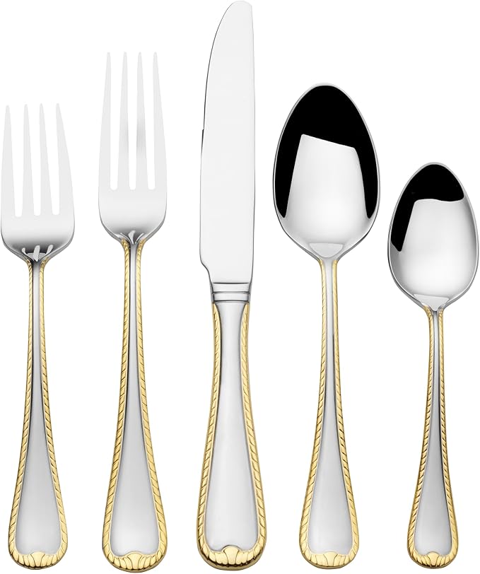Mikasa Cameo Gold 65-Piece Flatware Set for 12, 18/10 Stainless Steel Silverware with 24-Karat Gold Accents, Teardrop Handles, Dishwasher Safe