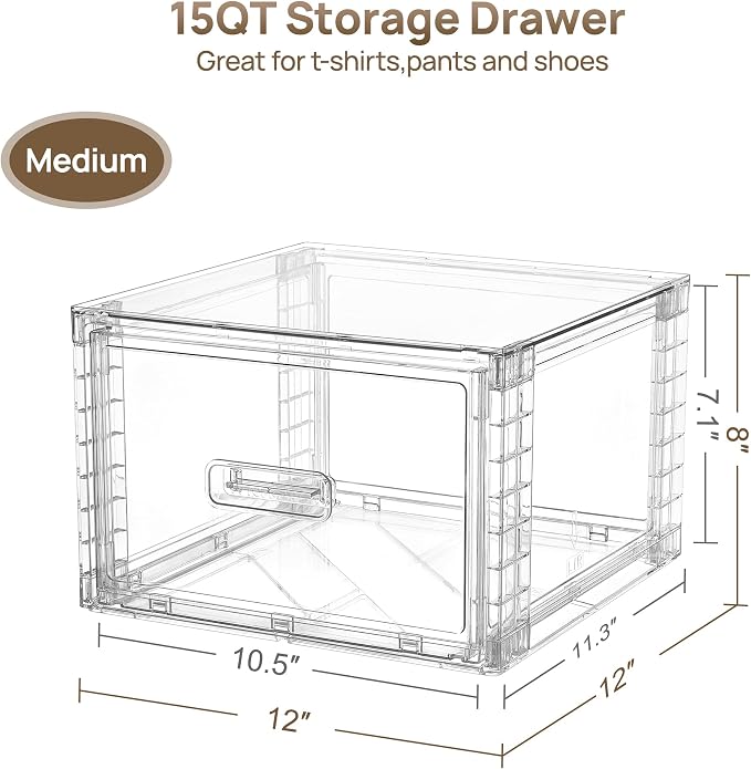 Vtopmart 6 Pack Clear Stackable Storage Bins 15QT | Easily Assemble Bathroom Organizers,Plastic Storage Bins for Kitchen Pantry,Under Sink Organization(Medium)