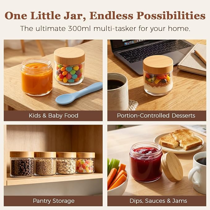 ComSaf Overnight Oats Containers with Lids 10 oz, Small Glass Jars 4 Pack | Mason Jars, Plastic Liner, Portable Yogurt Containers, Leakproof and Reusable Parfait Cups, Light Breakfast, Meal Prep, Oat