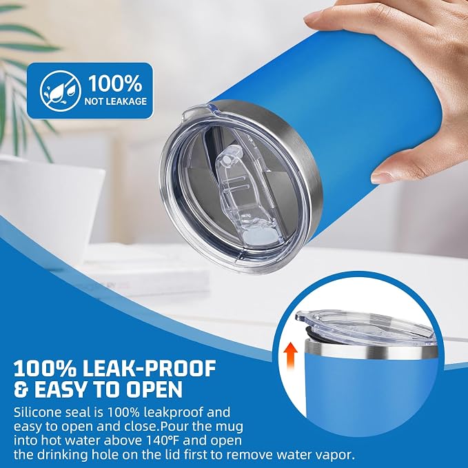 20 oz Tumbler with Lids and Straws, Stainless Steel Insulated Travel Coffee Mug, Double Wall Vacuum Insulated Tumblers, Powder Coated Coffee Tumbler for Cold & Hot Drinks (Sea Blue, 4 Pack)
