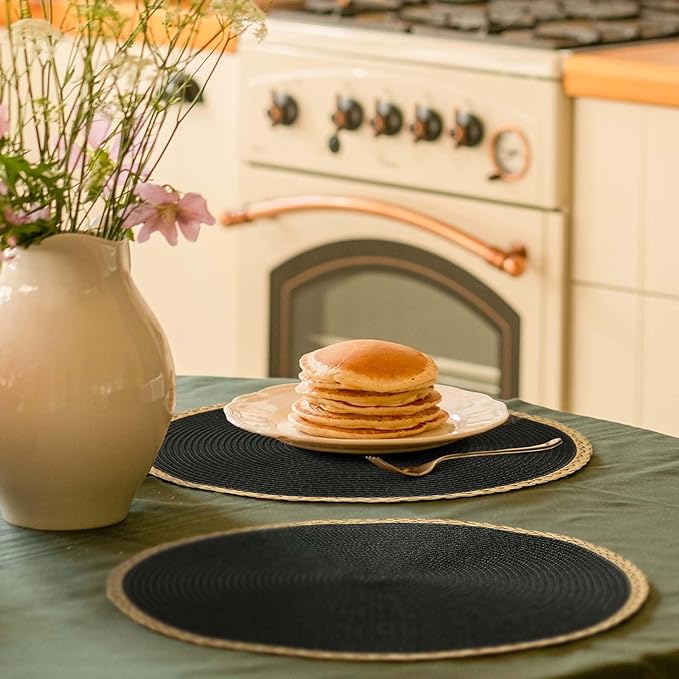 Round Placemats Set of 4, Woven Table Mats, Thin Edge, Black | Braided Paper Edge, 15 Inch Diameter, Fits Dinner Plate and Flatware, Wipeable, Heat Resistant, Indoor Dining, Outdoor Patio