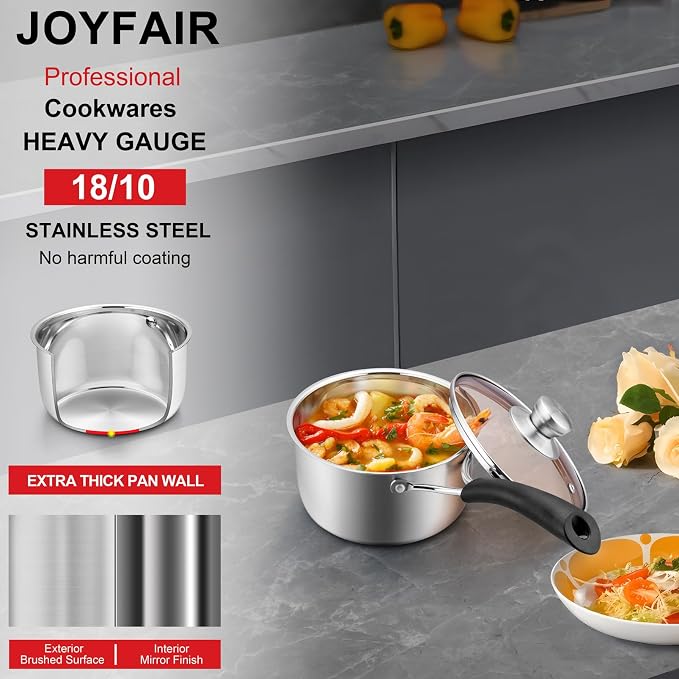1QT Saucepan with Lid, Joyfair 18/10 Stainless Steel Small Sauce Pan Pot | Kitchen Cookware Milk Pot with Glass Lid for Cooking Stewing Boiling Spaghetti Soup, Heat-proof Handle, Dishwasher Safe
