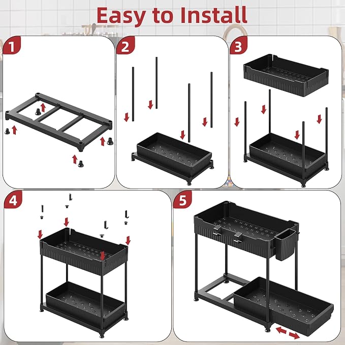 4-Pack 2-Tier Under Sink Organizer with Pull Out Drawers | Multi-use kitchen & bathroom storage. Includes hanging hooks and cups. Black, space-saving cabinet design.