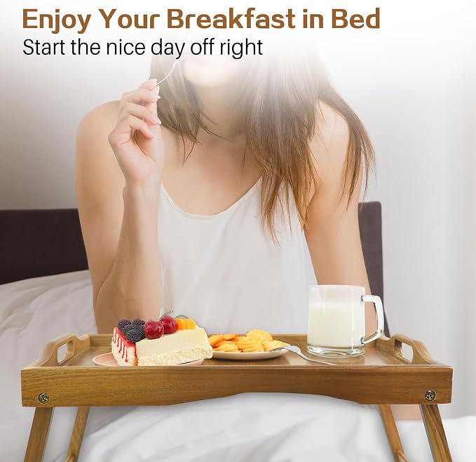 Utoplike Large Acacia Bed Tray Table for Eating, Breakfast Trays with Legs | Foldable Legs, Wood Serving Trays for Food, Snack, Laptop Working, Reading, Raised Edges, Large Size
