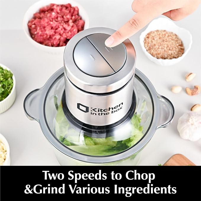 Kitchen in the box Food Processors,Small Meat Grinder & Food Chopper Electric Vegetable Chopper with 2 Bowls (8 Cup+8 Cup)& 2 Bi-Level Blades for Meat/fish/Vegetable/Baby Food，Sliver