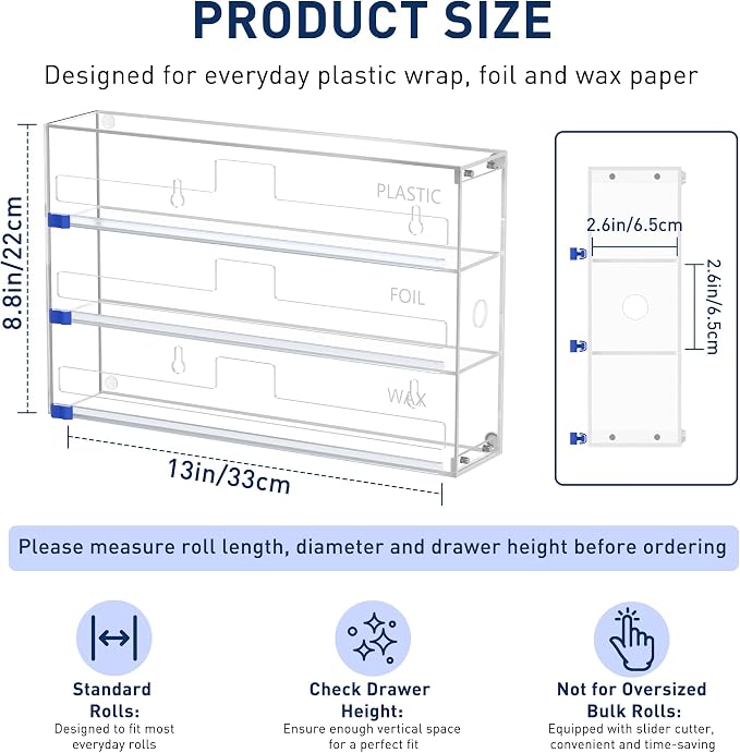 3 In 1 Acrylic Aluminum Foil, Plastic Wrap Organizer with Cutter | Clear Kitchen Storage for Wax Paper Dispenser Holder, For Drawer or Wall Mount, Fits 12 Inch Roll