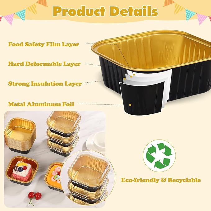 selizo 60 Pack 10oz Mini Disposable Cake Pans with Lids, Aluminum Foil Square Baking Cups, 4.4x4.4 Large Baking Cake Tins Cup Cake Containers with Lids for Individual Cakes, Black