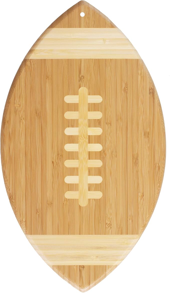 Totally Bamboo Football Shaped Cutting Board and Charcuterie Board | Football serving board for game day watch parties and tailgating. Smooth reverse side for prep. Hangs as decor between uses.