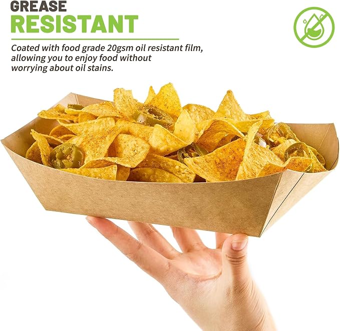 ZORRITA Extra Large Paper Food Trays, 5 LB, 100 Pack | Disposable, Kraft Paper, Nacho Trays, Food Boats, Party Serving Baskets, For Sandwiches Burgers Popcorns Snacks