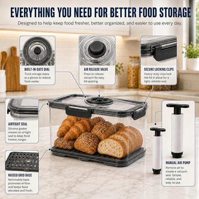 Airtight Bread Box, Kitchen Storage Container, Small 2.5L | Clear BPA-free plastic, manual air pump, date dial, silicone seal and drain tray; for small loaves, bagels and pastries