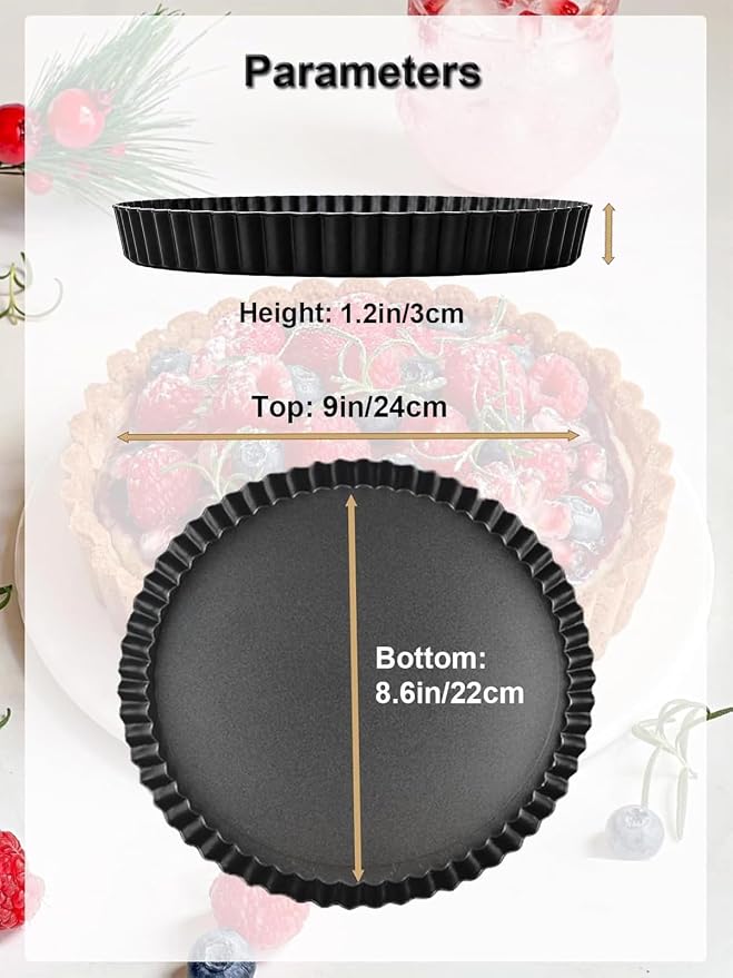 9 Inch Quiche Pans 2 Pack. Removable Bottom, Non-Stick Coating, Rugged Carbon Steel Baking Dish for Tart Quiche Pie. Metal Mold Gift for Women Wife Christmas Thanksgiving Party Festival Family