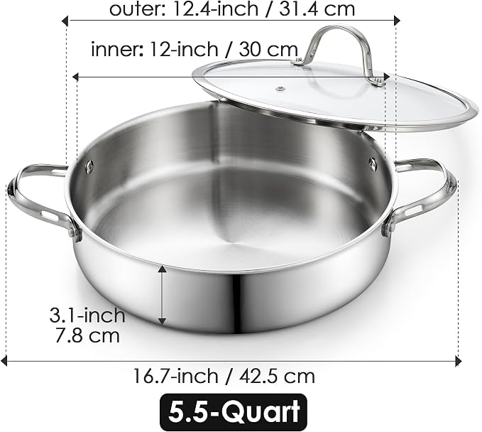 Cooks Standard Multi-Ply Clad 5.5 Quart Stainless Steel Sauté Pan, 12 Inch Deep Frying Pan Skillet with Lid, Induction-Ready Cooking Pan with Two Side Handles, Dishwasher & Oven Safe