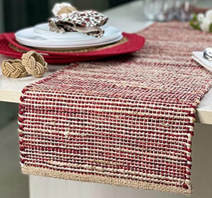 Natural Jute Table Runner 13x108 Inch – Vintage Boho Rustic Table Decor – Handwoven Long Table Runner in Natural Jute and Red – Farmhouse Dining or Console Table Accent