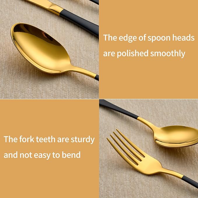 20-Piece Black and Gold Silverware Set 18/0 Stainless Steel Silverware Set Black Handle Cutlery Set Service for 4 Dinner Knives Forks Spoons Set Flatware Set Finish Dishwasher Safe