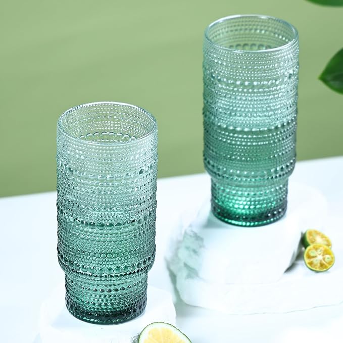 Large Capacity 16 oz Hobnail Drinking Glasses Set of 6, Vintage Glassware Drinking Glasses, Gradual Dark Green Water Glasses Tumbler, Cups for Kitchen, Juice, Beer, Cocktail, Whiskey