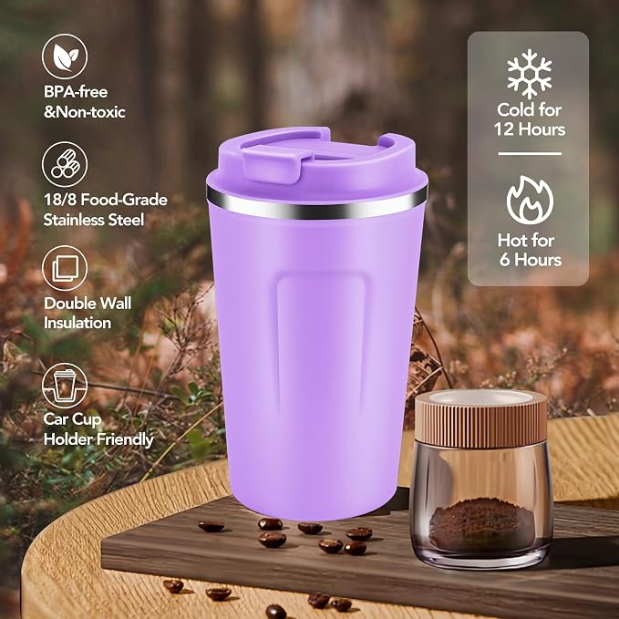 Volhoply 12 oz Double Wall Insulated Vacuum Travel Coffee Mug with Flip Lid,Reusable Stainless Steel Leak Proof Coffee Cup,Portable Cafe Thermal Tumbler Suitable for Hot & Cold Drinks(Purple,1 Set)