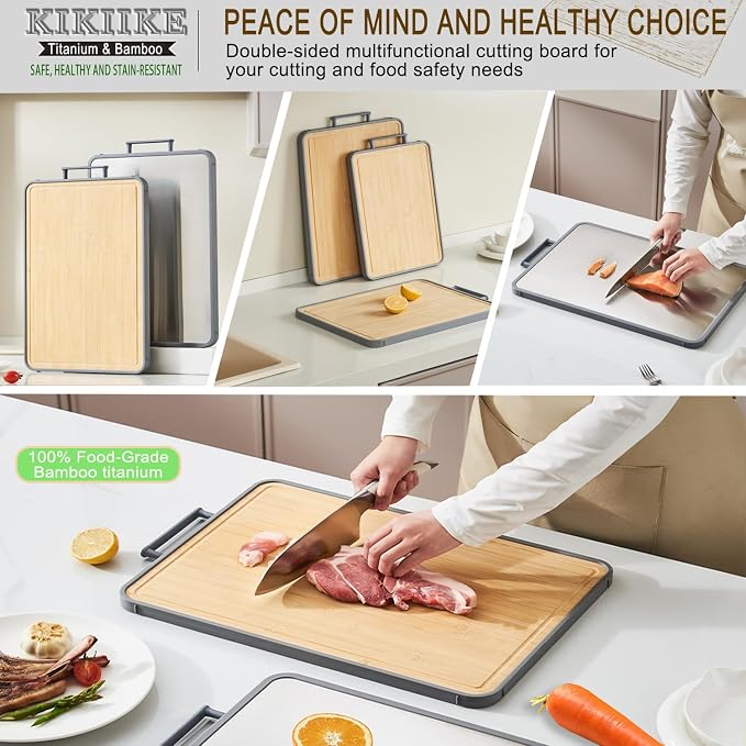 Titanium Cutting Board Double Sided Bamboo Cutting Board for Kitchen Double Sided Food Grade, Pure titanium & Bamboo Cutting Boards, Non-Stick Durable and easy to clean