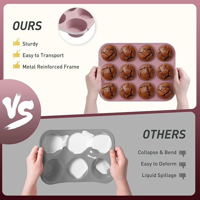 2 Pack 12 Cups Muffin Pan with Metal Reinforced Frame Regular Size Silicone Molds Cupcake Cake Baking Pans Cookie Baking Chocoflan Cupcake Mold Silicone Egg Bite Molds Baking Items Stuff