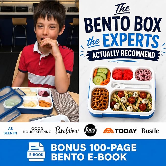 Bento Lunch Box Snack Containers for Kids Boys Girls Adults, 6 Divided Compartments - School, Daycare, Leak Proof Meal Planning Portion Control, BPA-Free Boxes, Utensils, Navy Blue