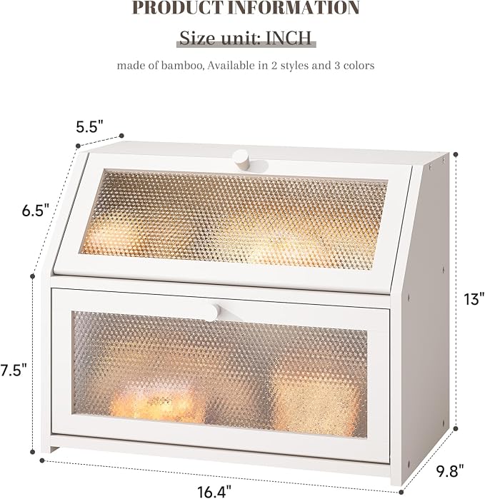 STDDRE Bread Box for Kitchen Countertop Bin Double Layer Bread Box Storage Container Extra Large Capacity Farmhouse with Diamond Pattern Windows (White, Large)