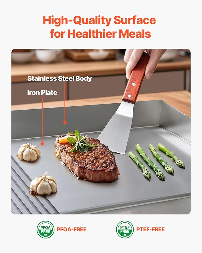 VEVOR Commercial Electric Griddle, 30" No Plug, Countertop Flat Top Griddle, Stainless Steel Teppanyaki Grill w/Iron Cooking Plate, 122-572℉ Adjustable Temp Control, 2 Shovels & Brushes