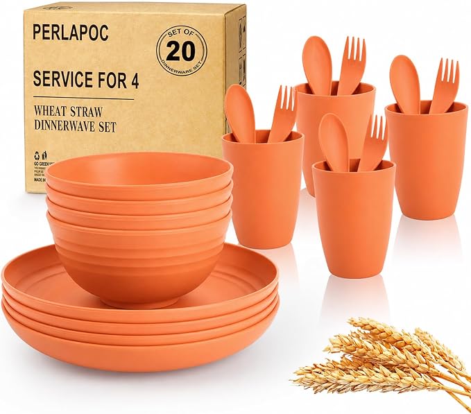 Kids Wheat Straw Dinnerware Sets for 4, 20 Piece Unbreakable Dinnerware Set, Plates and Bowls Sets, Kitchen Plates and Bowls Set, Lightweight Dish Set for Picnic, Camping, and Daily - Orange