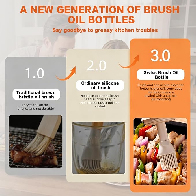 MMJ 2-in-1 Oil Dispenser with Brush, 150ml Glass Olive Oil Bottle with Silicone Basting Brush, Leak-Resistant Sauce Brush Bottle for BBQ, Baking, Grilling, Camping, White