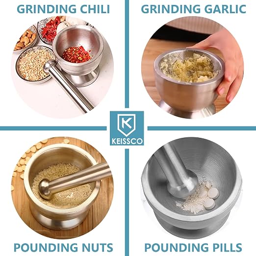 KEISSCO Stainless Steel Mortar and Pestle Set, Spices Grinder Pill Crusher with Silicone Protective Lid - Heavy Duty Mortar Pestle for Molcajete Herb Bowl, Pesto Powder, Spices Herbs Grinder