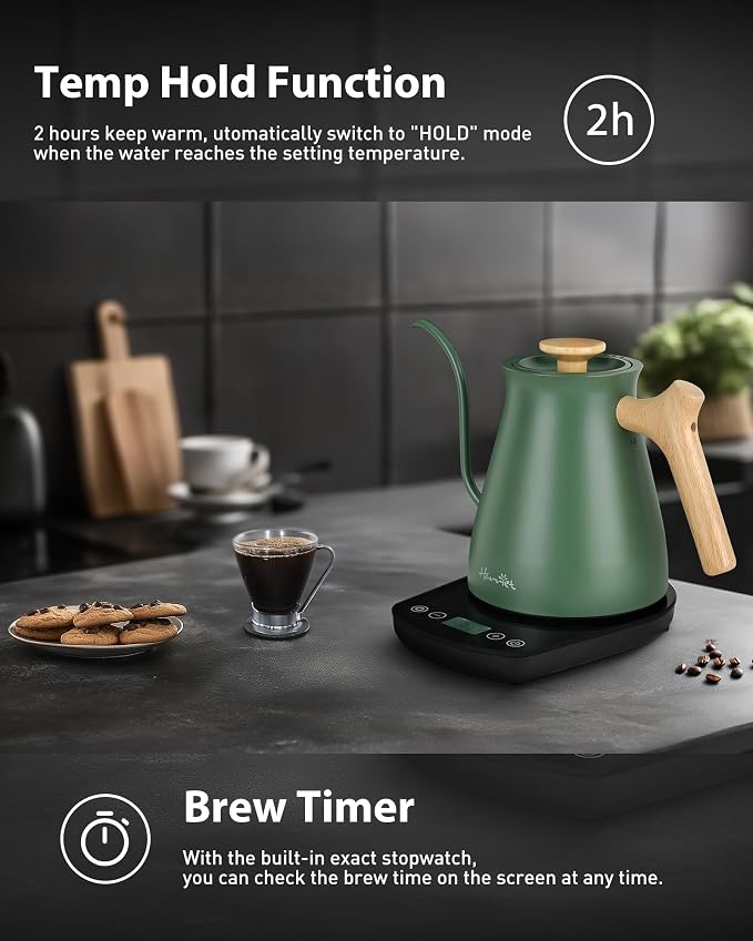 Harriet Gooseneck Electric Kettle, 1°F Control, Brew Time, 0.8L | 120-Min Keep Warm, 104–203°F Control, Built-In Brew Timer, Stainless Steel, Wood-Accent Handle for Pour-Over Coffee