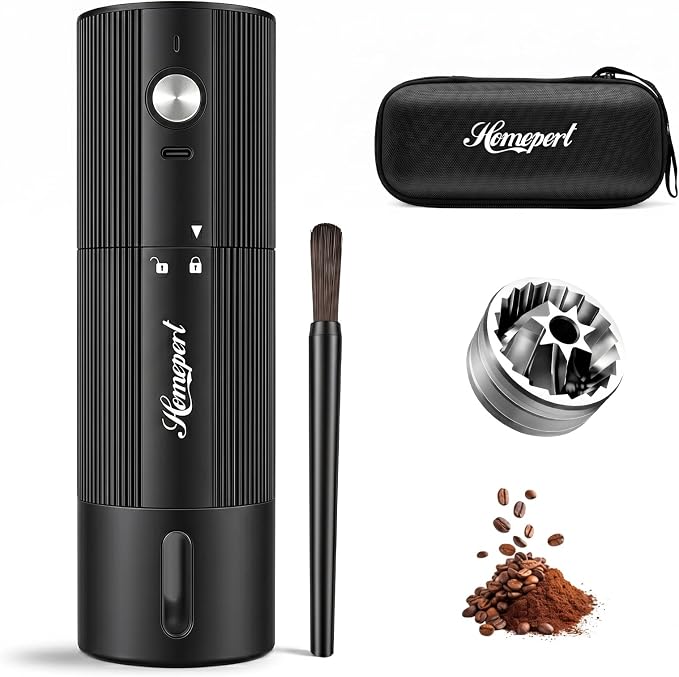 High-Speed Electric Burr Coffee Grinder, Stainless Steel Burrs, Black | Cordless Coffee Mill with 1600mAh Rechargeable Battery, 40 Settings for Pour-Over to Espresso, Portable for Camping, Travel