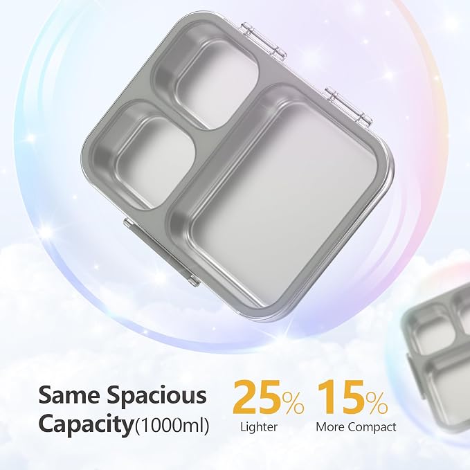 LOHASOK Stainless Steel Bento Lunch Box, 34oz/1000ml,Gray | 3-Compartment, Leak Proof, Lightweight, Clear Plastic Lid, for Kids Adults, BPA/BPS Free, Dishwasher Safe